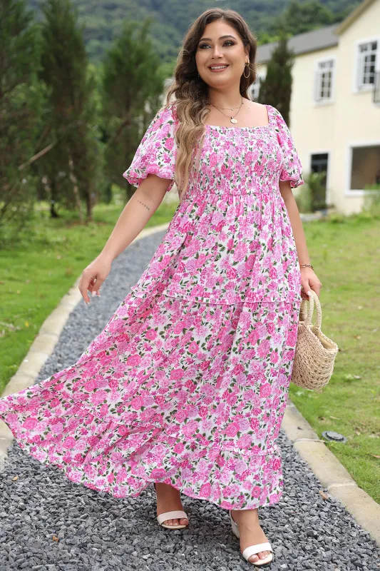 Pink Plus Size Floral Print Smocked Puff Sleeve Dress sold by eAura