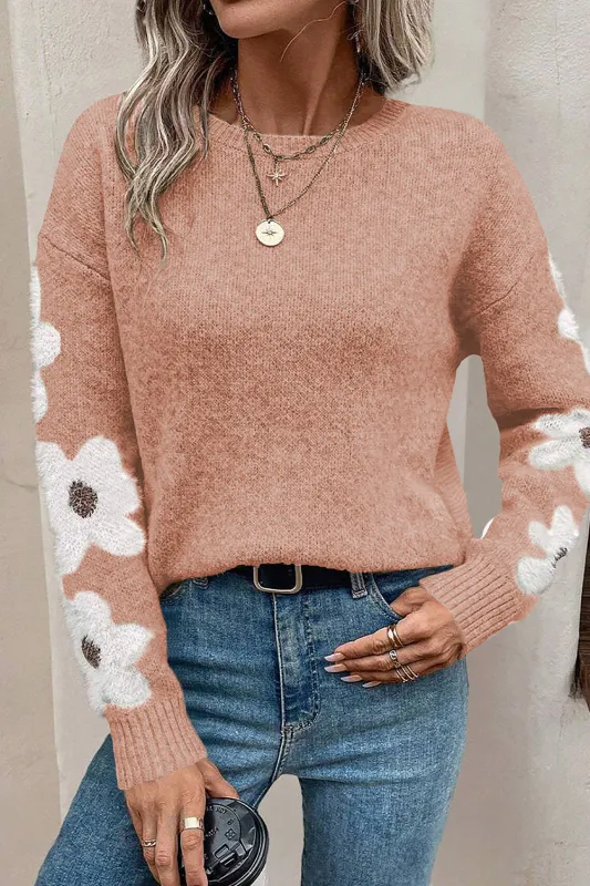 Light Grey Flower Sleeve Drop Shoulder Sweater sold by eAura