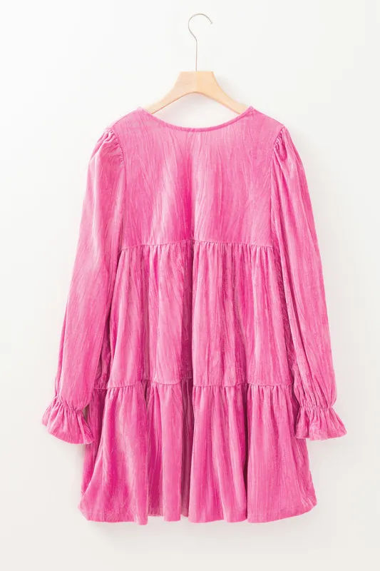 Strawberry Pink Flounce Sleeve Tiered Ruffled Velvet Mini Dress sold by eAura