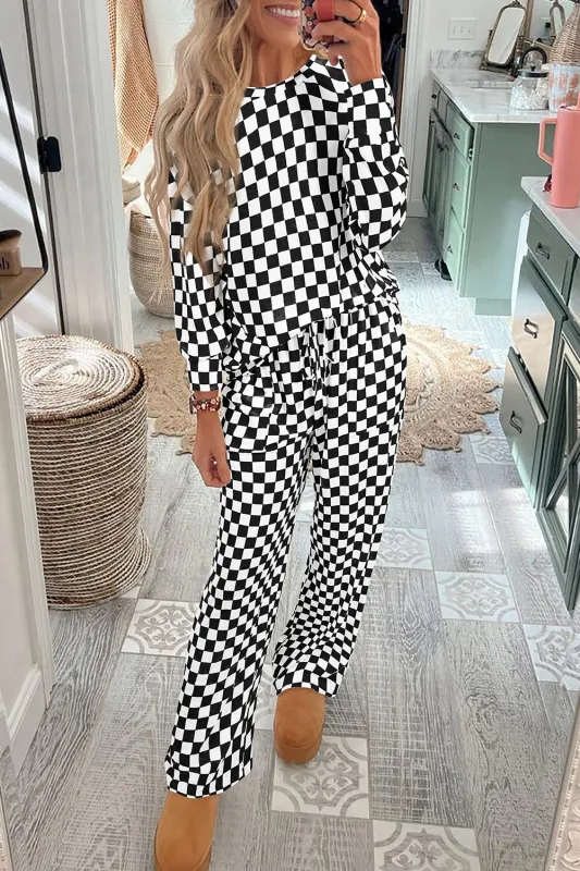 Black Checkered Print Long Sleeve Top and Trousers Lounge Set sold by eAura
