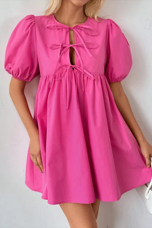 Bright Pink Solid Colour Puff Sleeve Tie Front High Waist Mini Dress sold by eAura
