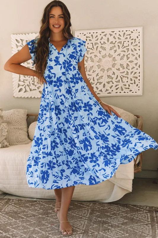 Sky Blue Floral Print Tiered Frilled Trim Flutter Sleeve Maxi Dress sold by eAura