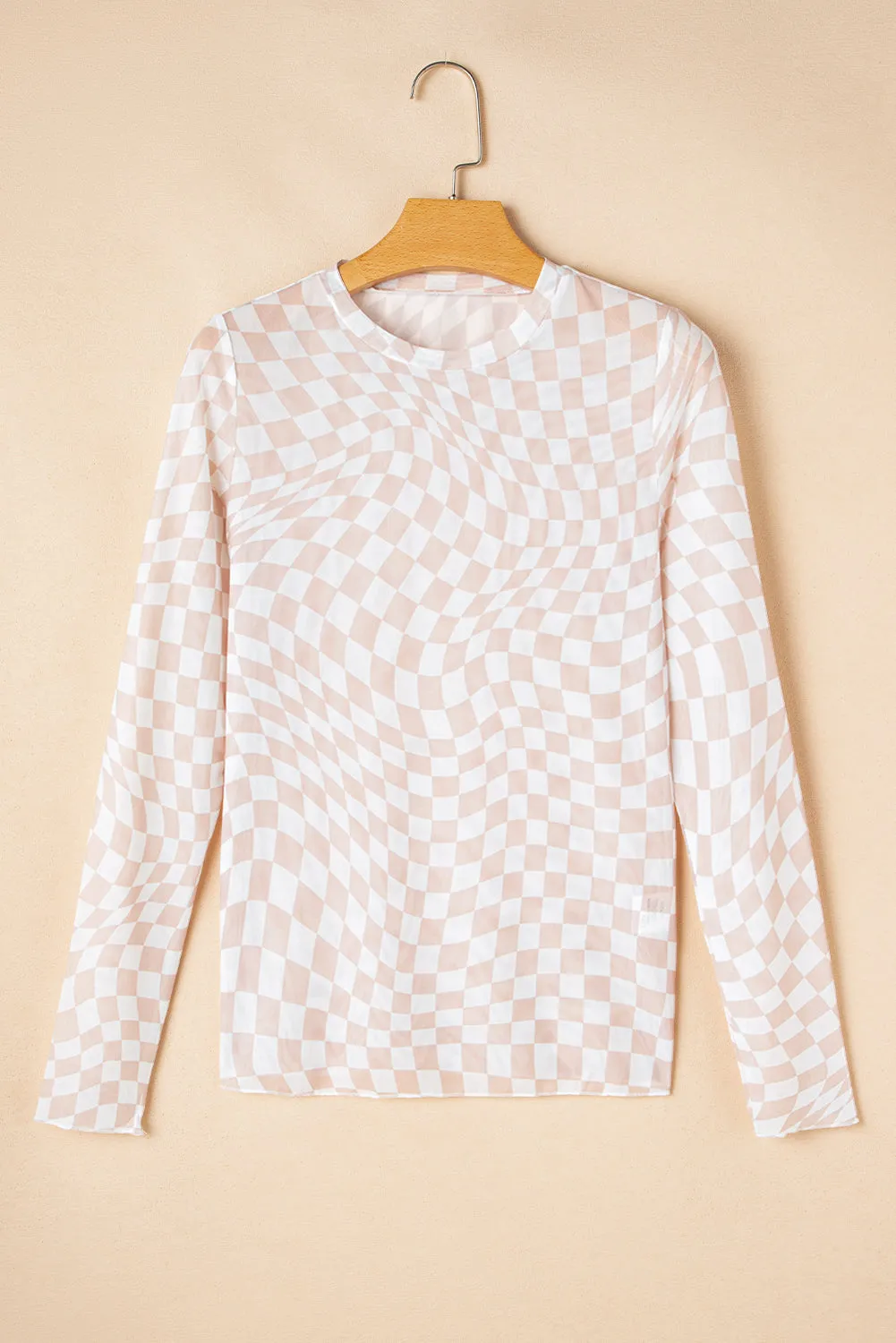 Khaki Checkered Pattern Mesh Mock Neck Long Sleeve Top sold by eAura product image thumbnail 2
