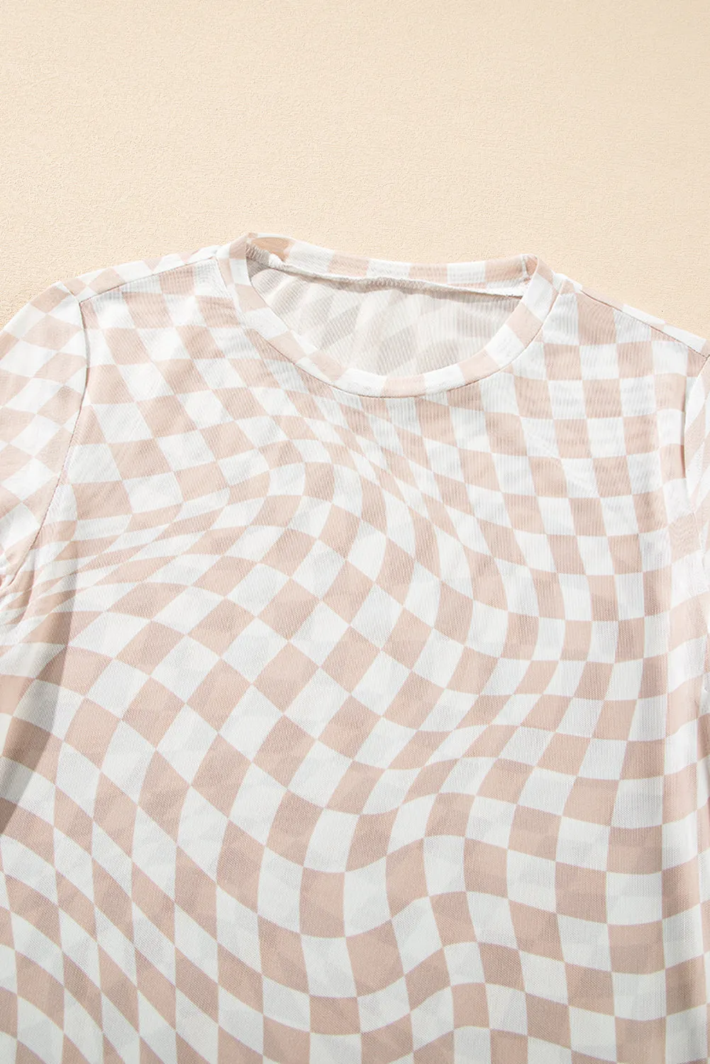 Khaki Checkered Pattern Mesh Mock Neck Long Sleeve Top sold by eAura product image thumbnail 4