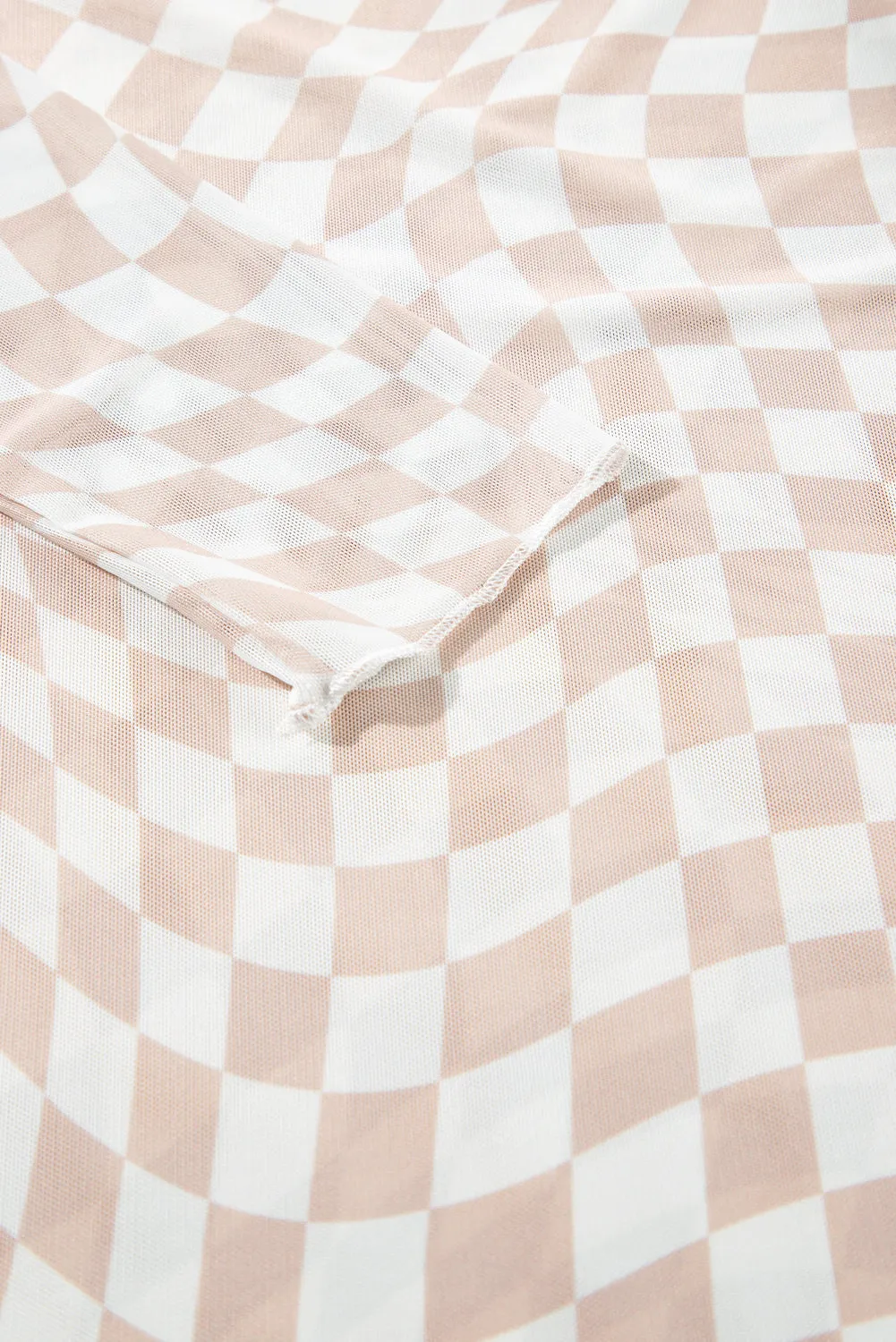 Khaki Checkered Pattern Mesh Mock Neck Long Sleeve Top sold by eAura product image thumbnail 5