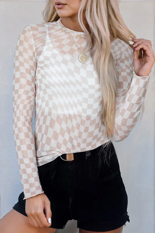 Khaki Checkered Pattern Mesh Mock Neck Long Sleeve Top sold by eAura