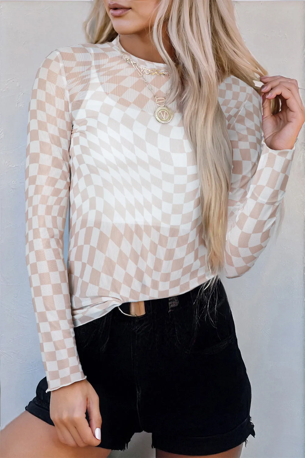 Khaki Checkered Pattern Mesh Mock Neck Long Sleeve Top sold by eAura