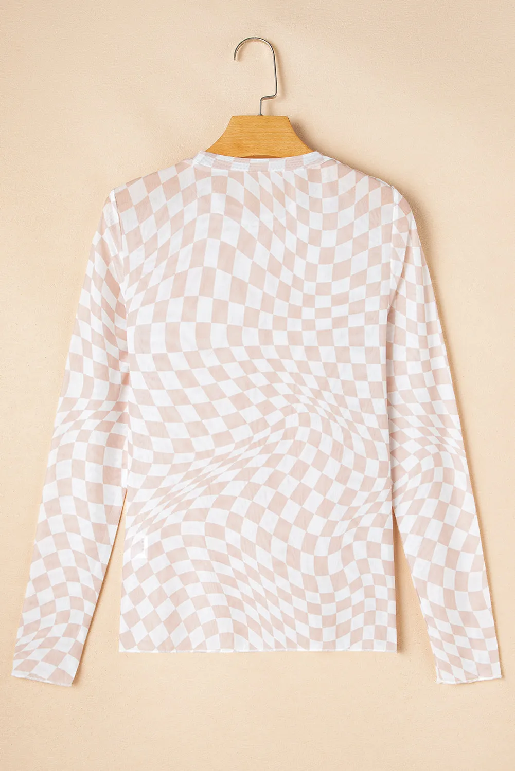 Khaki Checkered Pattern Mesh Mock Neck Long Sleeve Top sold by eAura product image thumbnail 3