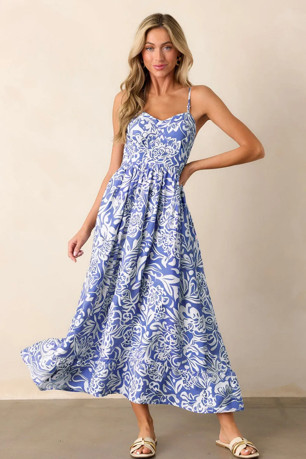 Sky Blue Floral Print Spaghetti Strap High Waist Maxi Dress sold by eAura product image thumbnail 4