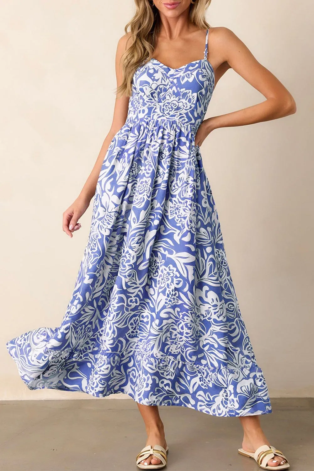 Sky Blue Floral Print Spaghetti Strap High Waist Maxi Dress sold by eAura