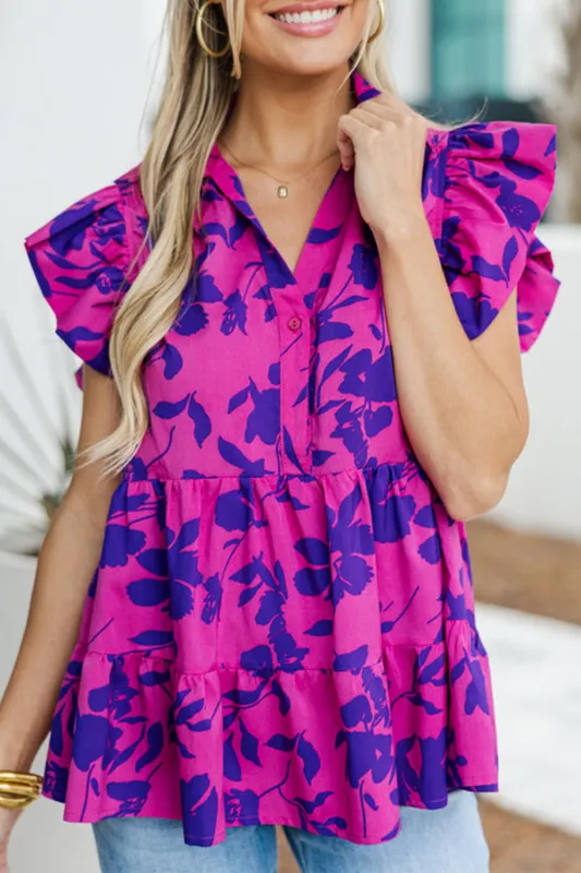 Rose Floral Print Collared Button Neckline Flutter Sleeve Blouse sold by eAura