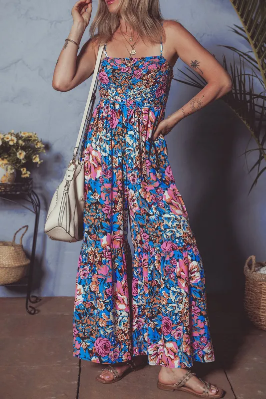 Pink Floral Smocked Bust Spaghetti Straps Wide Leg Jumpsuit sold by eAura