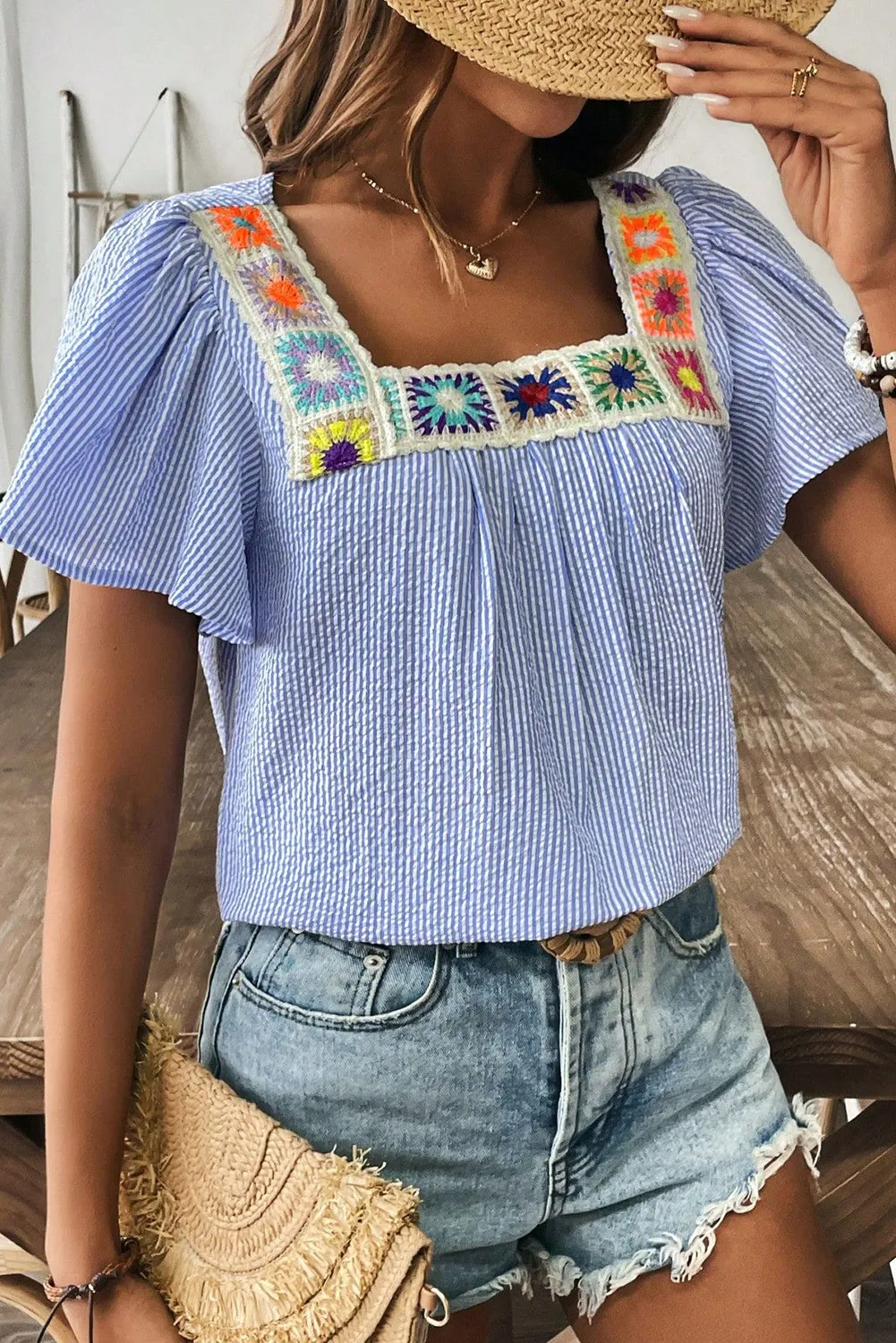 Sky Blue Stripe Textured Ruffle Short Sleeve Boho Detail Square Neck Blouse sold by eAura product image thumbnail 3