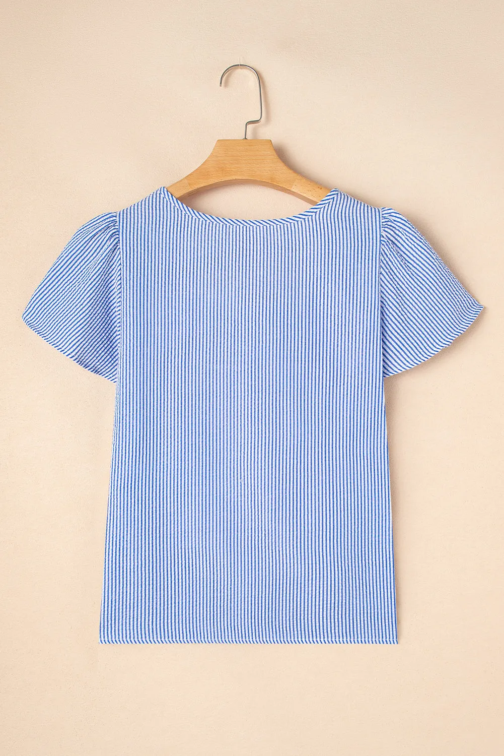 Sky Blue Stripe Textured Ruffle Short Sleeve Boho Detail Square Neck Blouse sold by eAura product image thumbnail 5