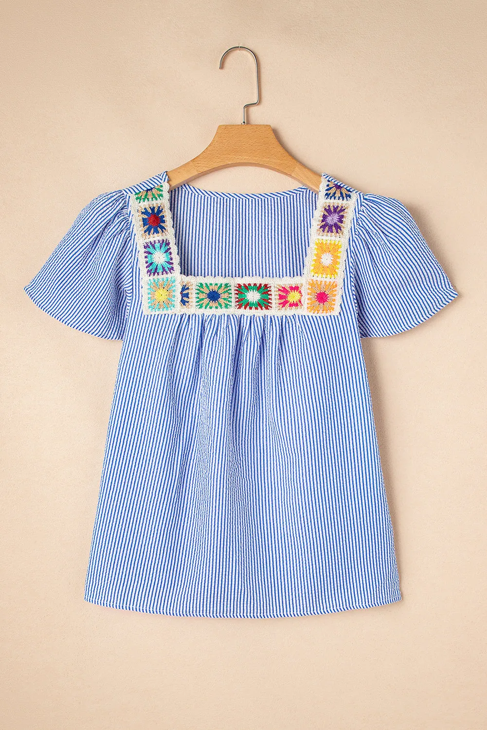 Sky Blue Stripe Textured Ruffle Short Sleeve Boho Detail Square Neck Blouse sold by eAura product image thumbnail 4
