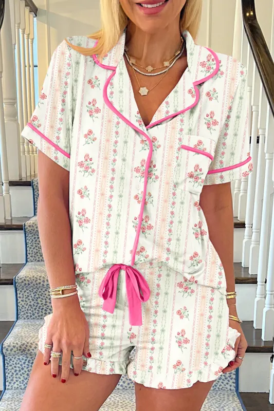 Beige Floral Print Contrast Pipping Short Pyjamas Set sold by eAura