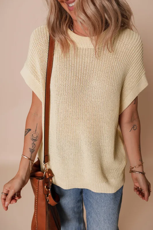 Oatmeal Solid Colour Batwing Short Sleeve Round Neck Knit T Shirt sold by eAura