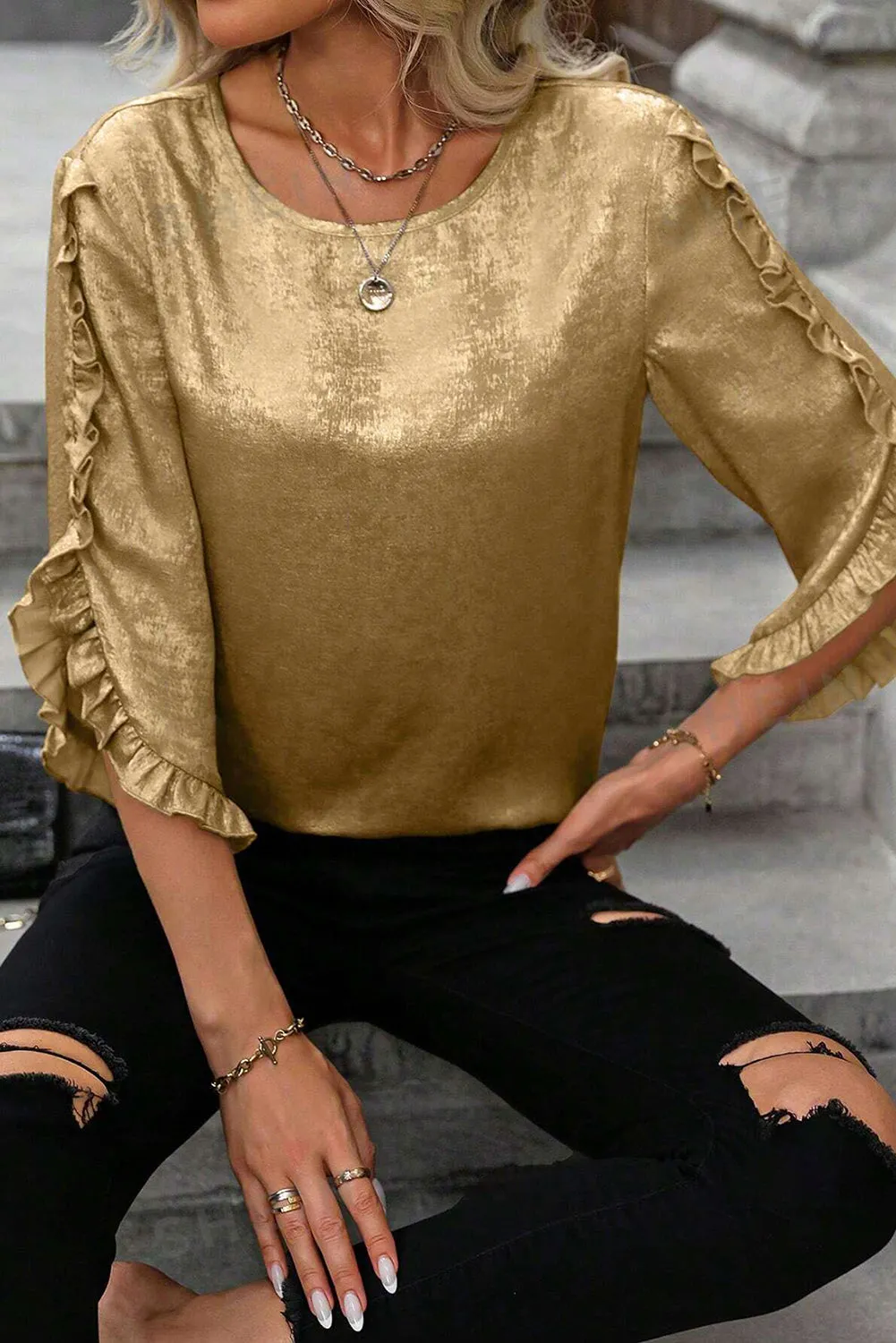 Gold Metallic Luster Frilled Half Sleeve Blouse sold by eAura product image thumbnail 5
