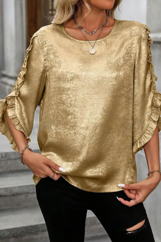 Gold Metallic Luster Frilled Half Sleeve Blouse sold by eAura