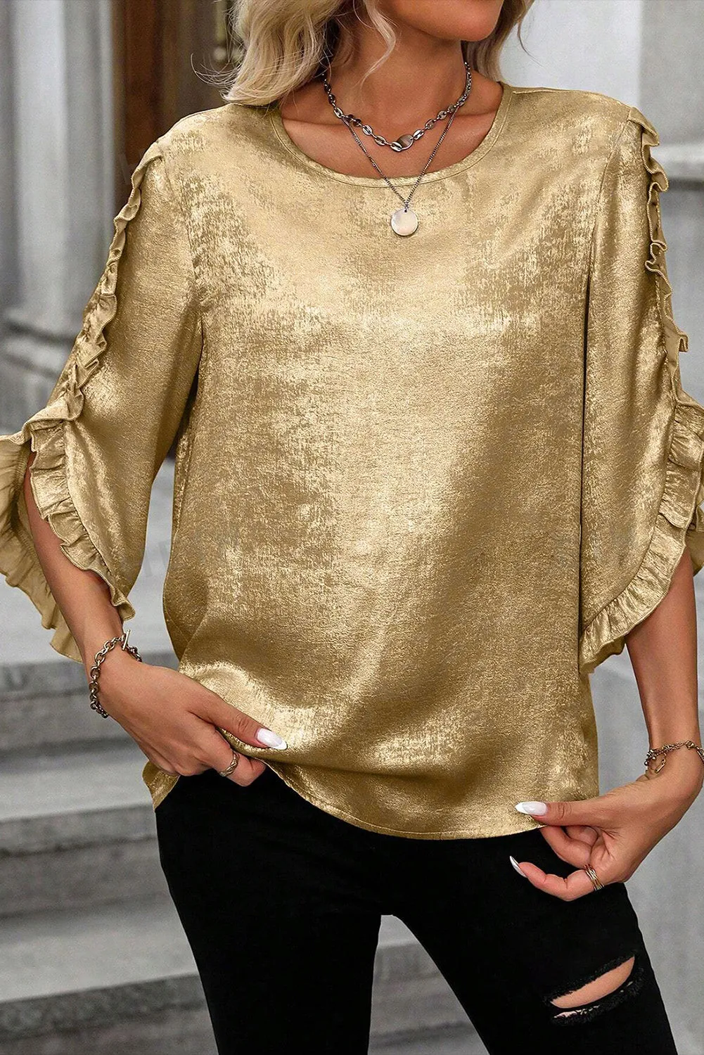 Gold Metallic Luster Frilled Half Sleeve Blouse sold by eAura
