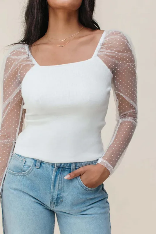 White Swiss Dot Mesh Long Sleeve Square Neck Slim Top sold by eAura