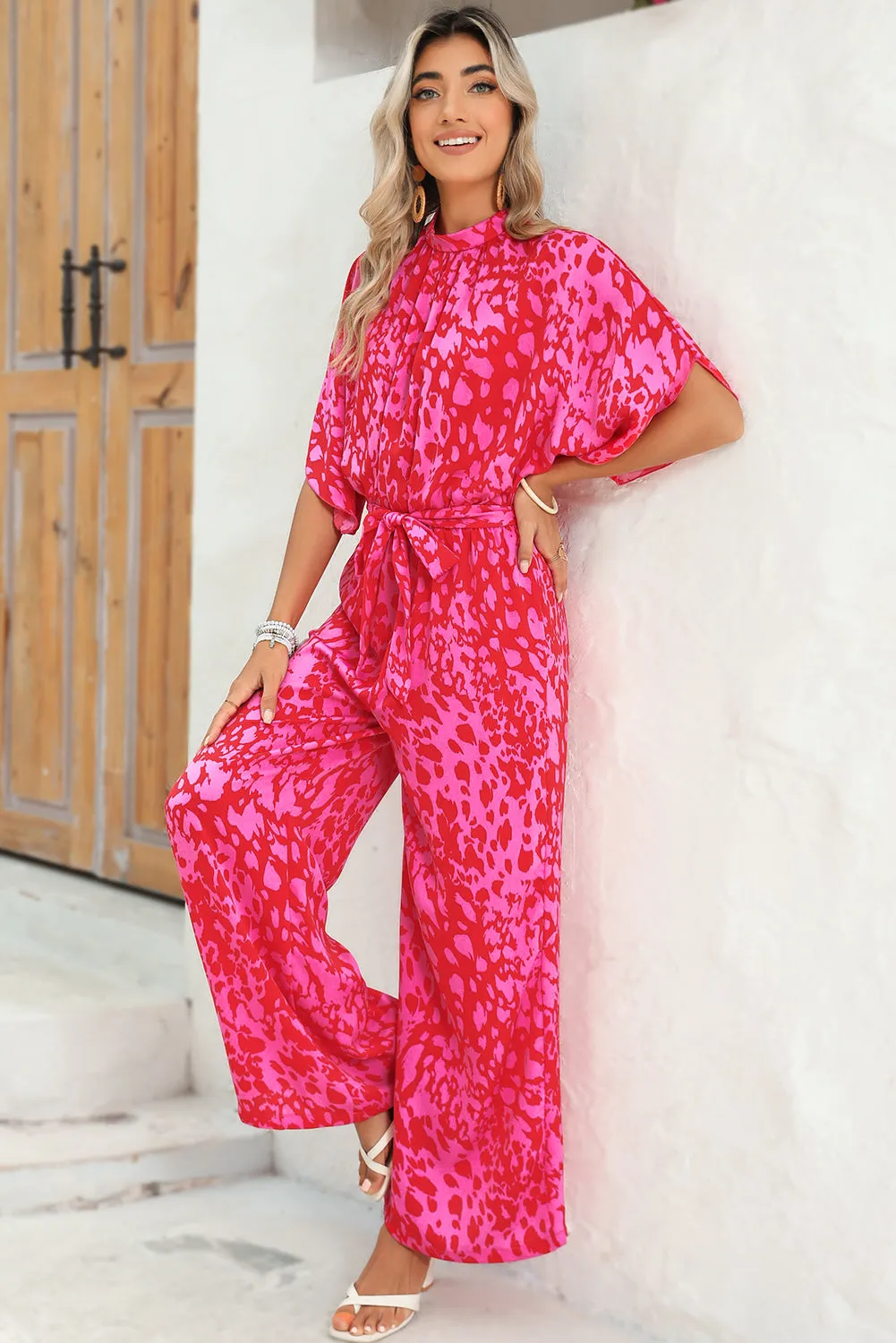 Rose Leopard Print Tulip Sleeve Belted Wide Leg Jumpsuit sold by eAura product image thumbnail 4