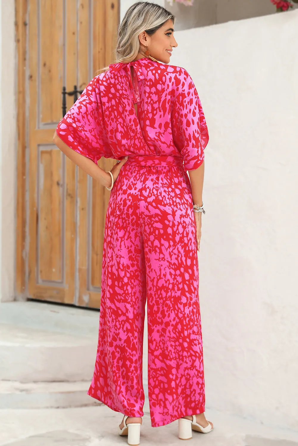 Rose Leopard Print Tulip Sleeve Belted Wide Leg Jumpsuit sold by eAura product image thumbnail 2