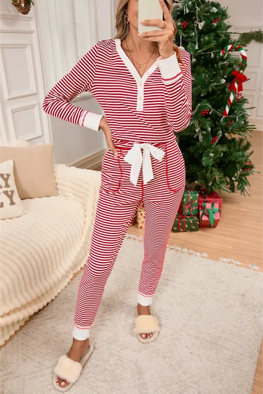Red Stripe Buttoned V Neck Top and Knotted Waist Trousers Pyjama Set sold by eAura