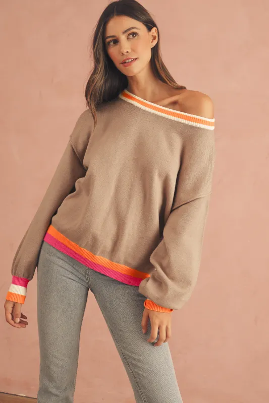 Parchment Striped Trim Drop Shoulder Sweater sold by eAura