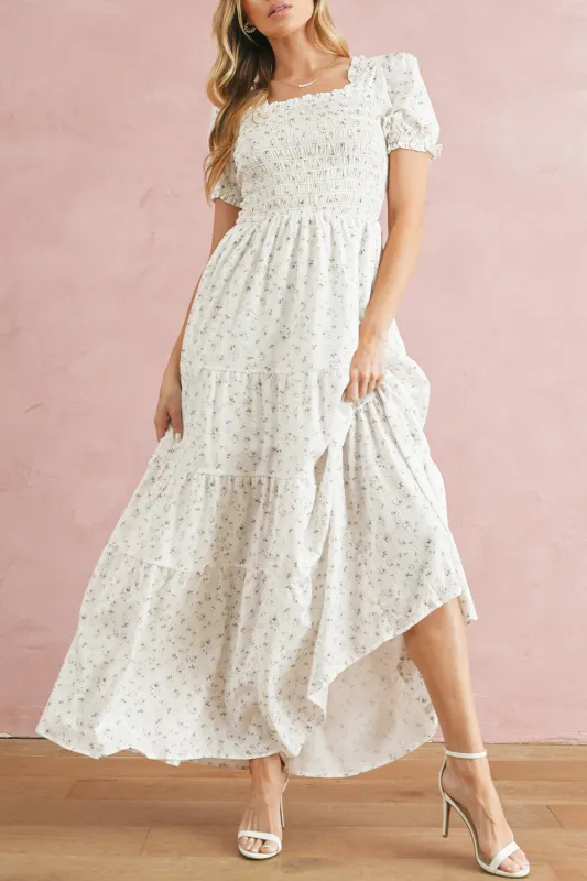 White Frill Neckline Shirred Bodice Floral Maxi Dress sold by eAura