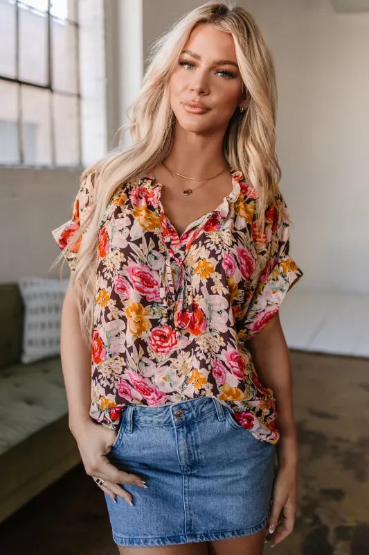 Pink Floral Print Crew Neck Short Sleeve Shift Blouse sold by eAura