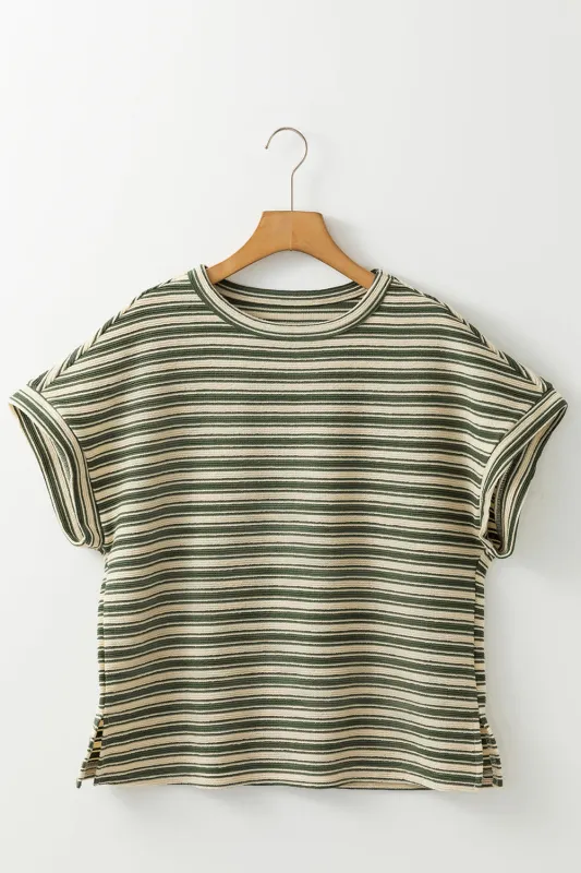 Green Stripe Textured Side Slits Crew Neck T Shirt sold by eAura