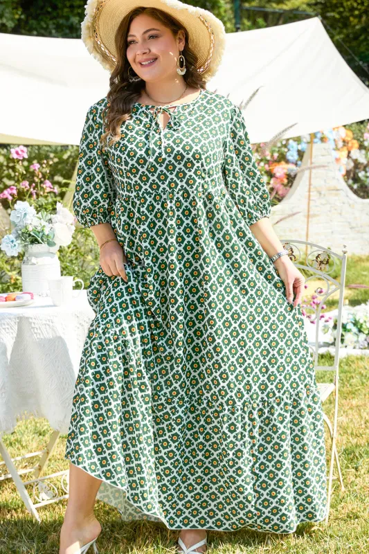 Green Geometric Floral Print Half Sleeve Plus Size Maxi Dress sold by eAura