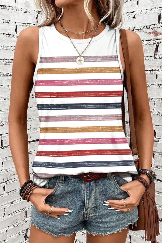 Red Stripe Rainbow Round Neck Tank Top sold by eAura