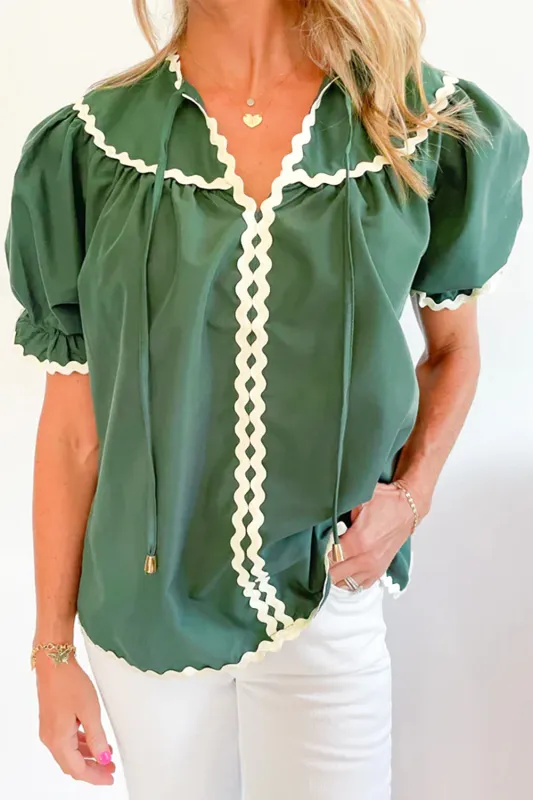 Mist Green Ric Rac Trim Tie Split Neck Short Sleeve Blouse sold by eAura
