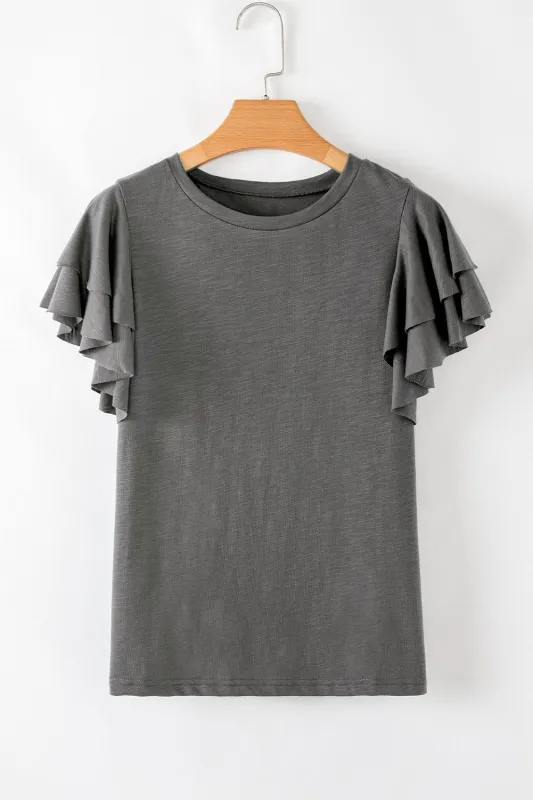 Dark Grey Layered Ruffle Short Sleeve Round Neck Top sold by eAura