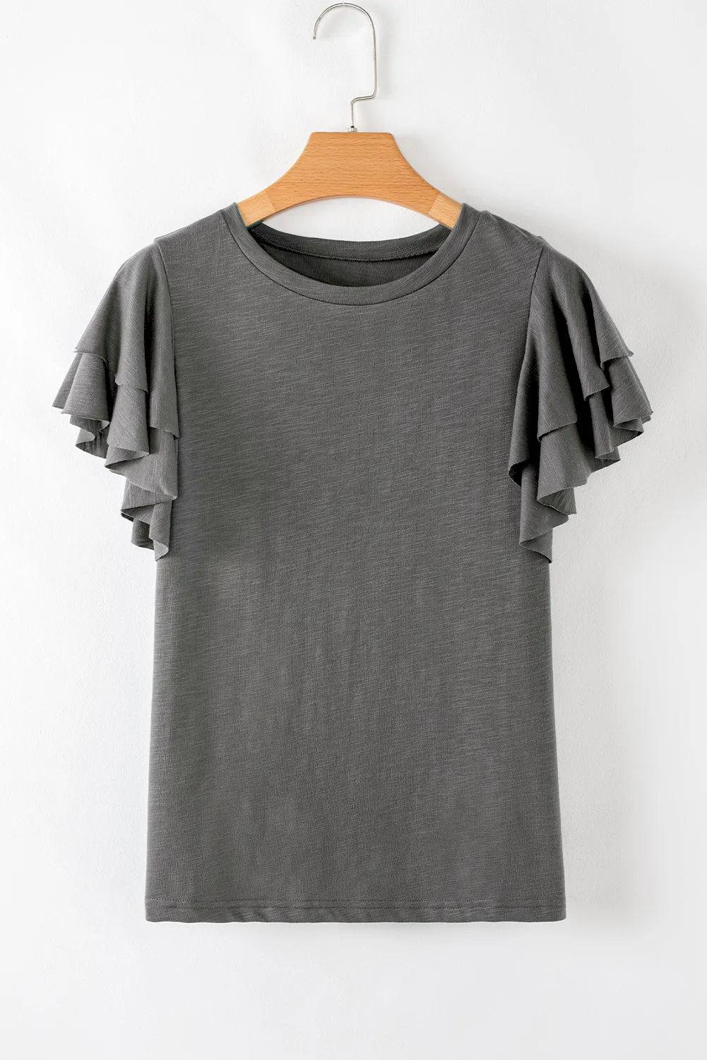 Dark Grey Layered Ruffle Short Sleeve Round Neck Top sold by eAura