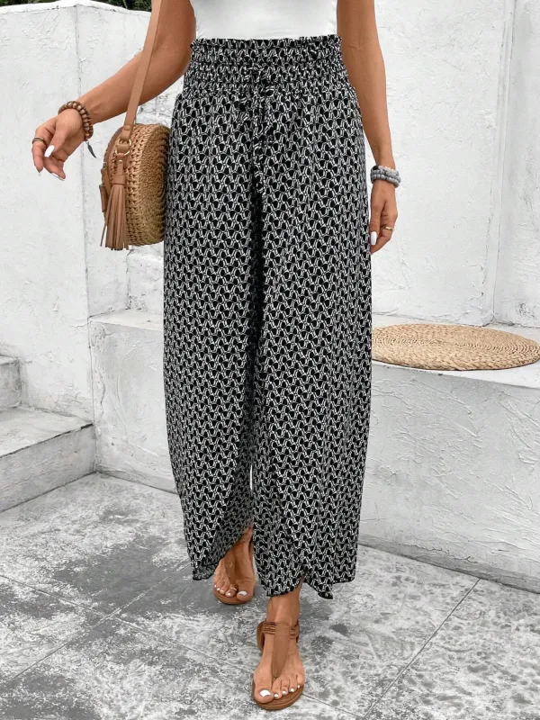 Black Bohemian Print Slit Wide Leg Smocked High Waist Trousers sold by eAura