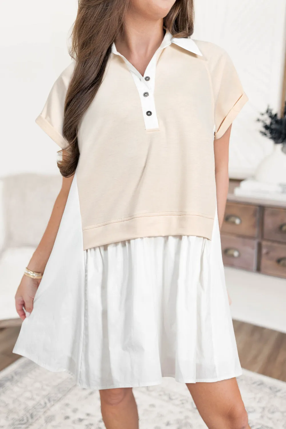 Jet Stream Shirt Collar Buttoned Patchwork Short Sleeve Mini Dress sold by eAura product image thumbnail 4