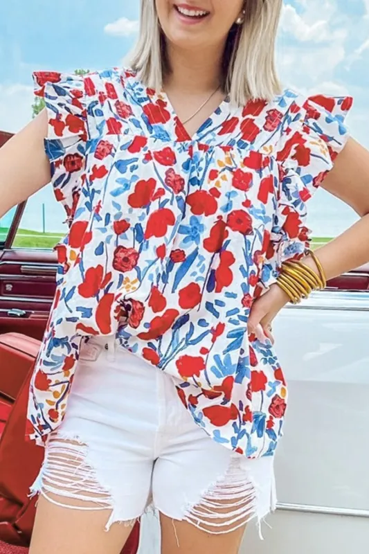 Red Flowers Pintuck Detail V-Neck Ruffled Sleeve Top sold by eAura