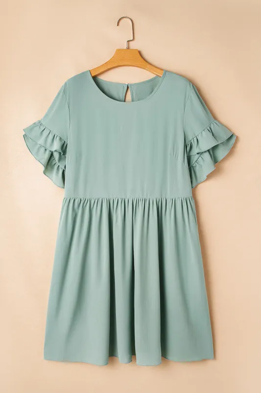 Grass Green Ruffle Trim Short Sleeve Plus Size Flared Mini Dress sold by eAura
