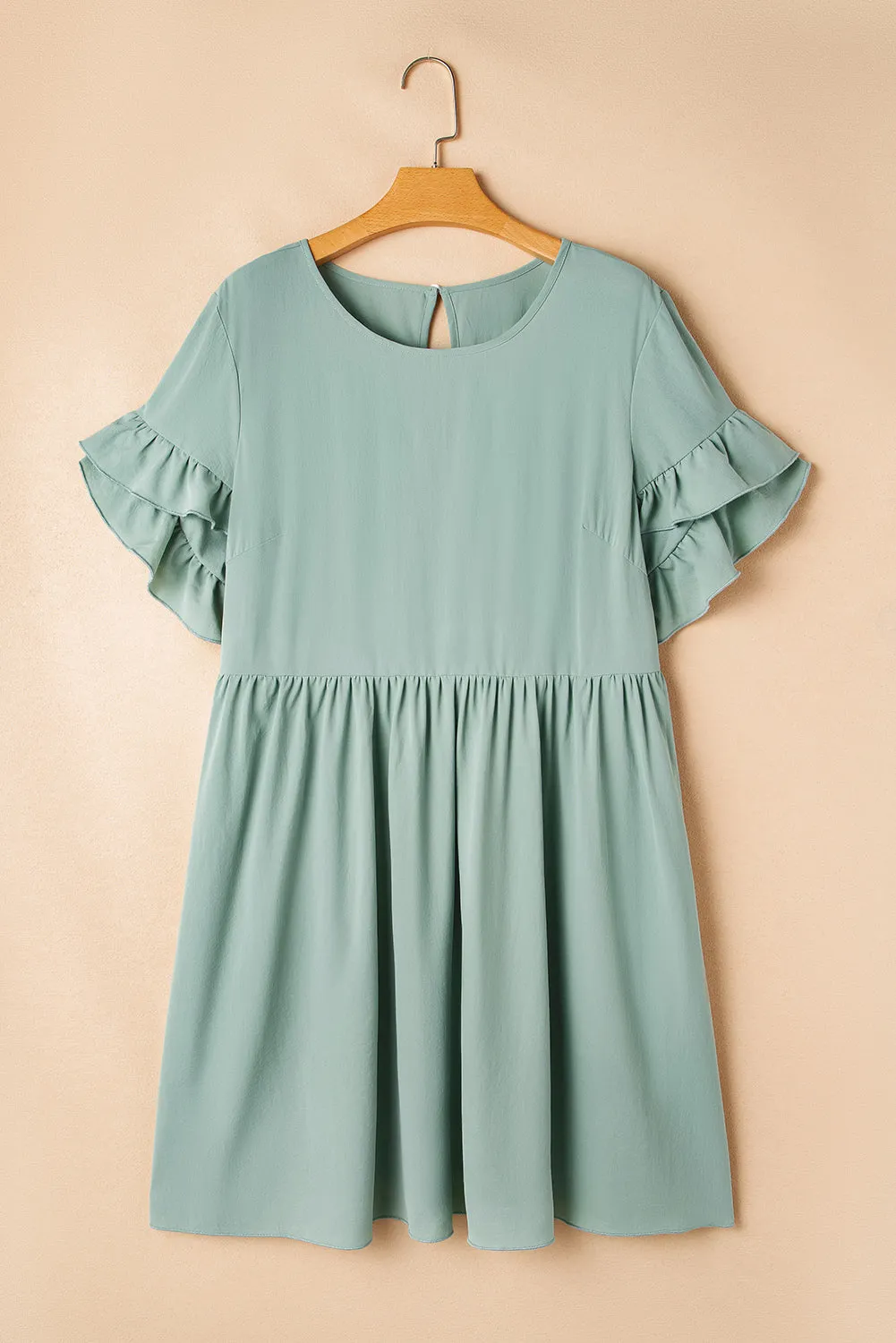 Grass Green Ruffle Trim Short Sleeve Plus Size Flared Mini Dress sold by eAura