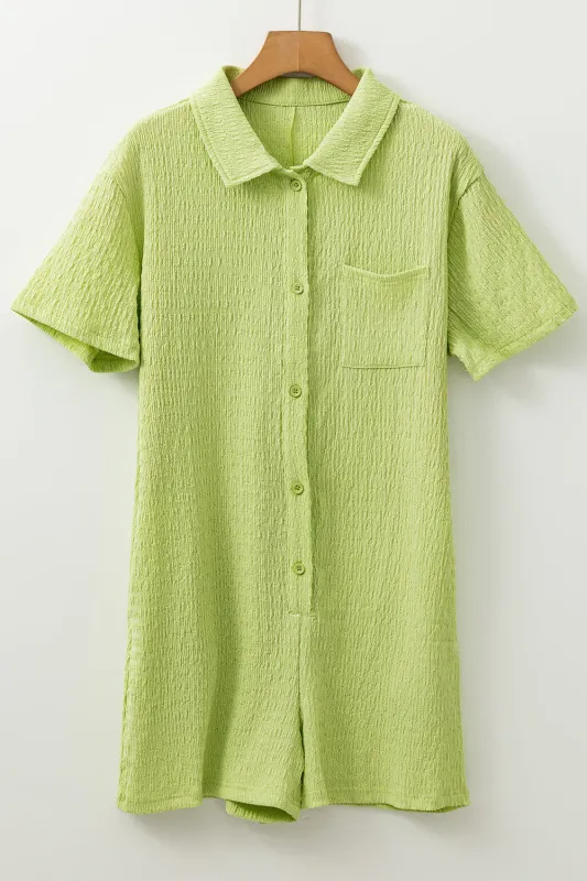 Meadow Mist Green Textured Short Sleeve Patched Pocket Buttoned Shirt Romper sold by eAura