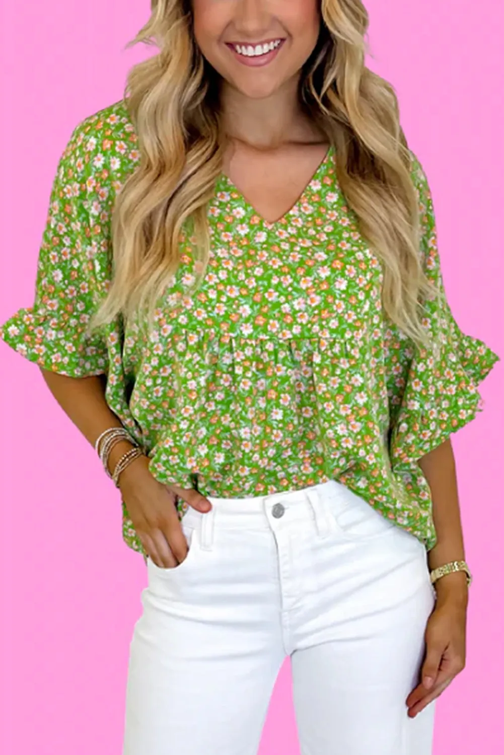 Green Floral Print Ruffle Sleeve V Neck Blouse Top sold by eAura