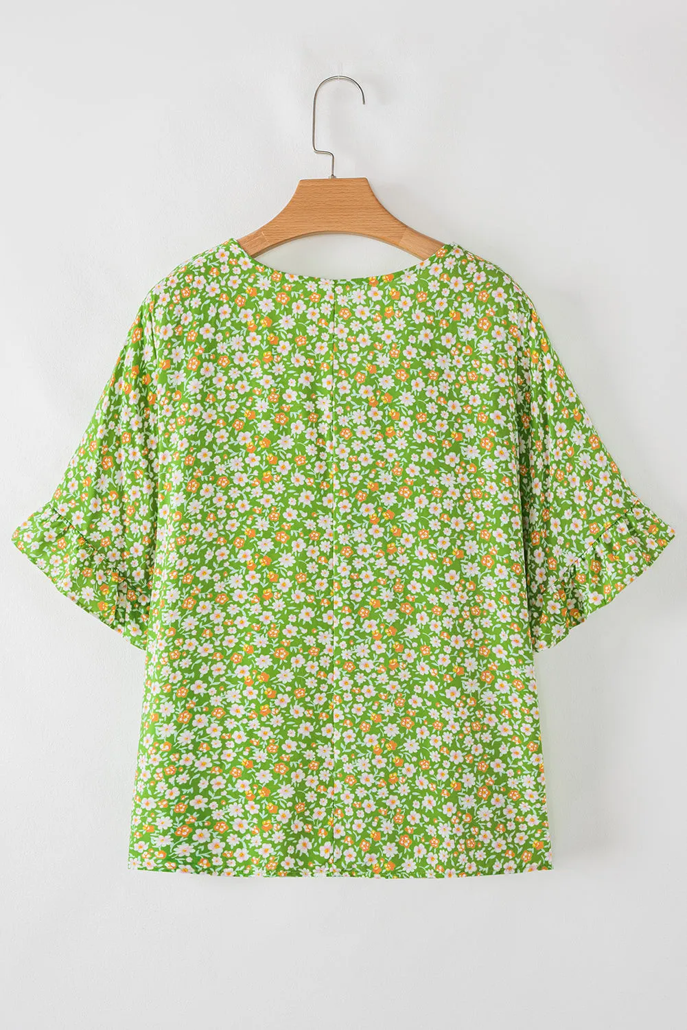 Green Floral Print Ruffle Sleeve V Neck Blouse Top sold by eAura product image thumbnail 5