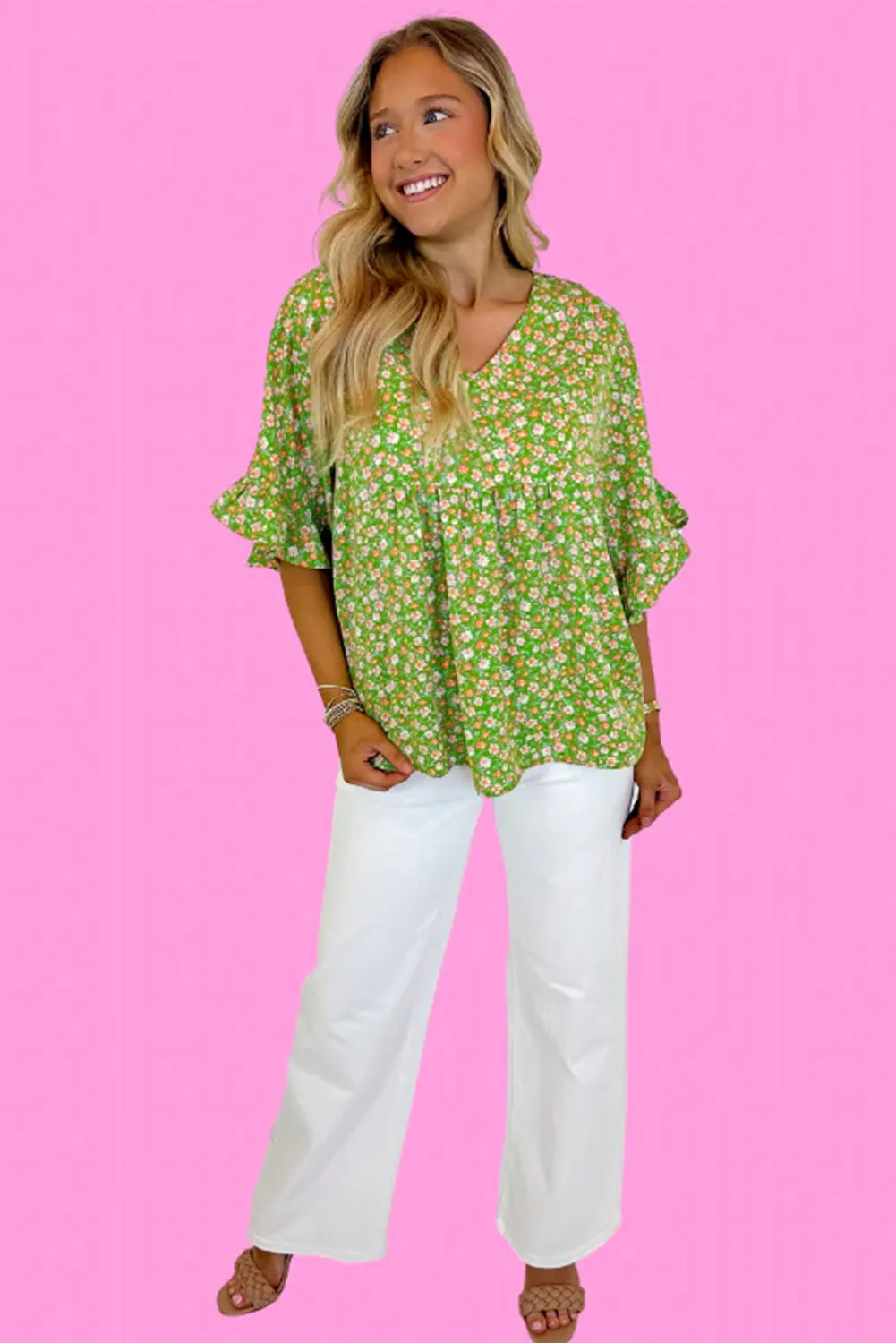 Green Floral Print Ruffle Sleeve V Neck Blouse Top sold by eAura product image thumbnail 3