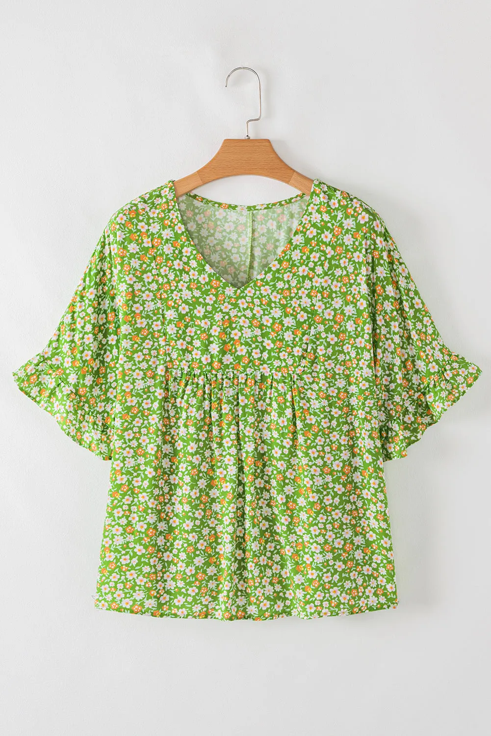 Green Floral Print Ruffle Sleeve V Neck Blouse Top sold by eAura product image thumbnail 4