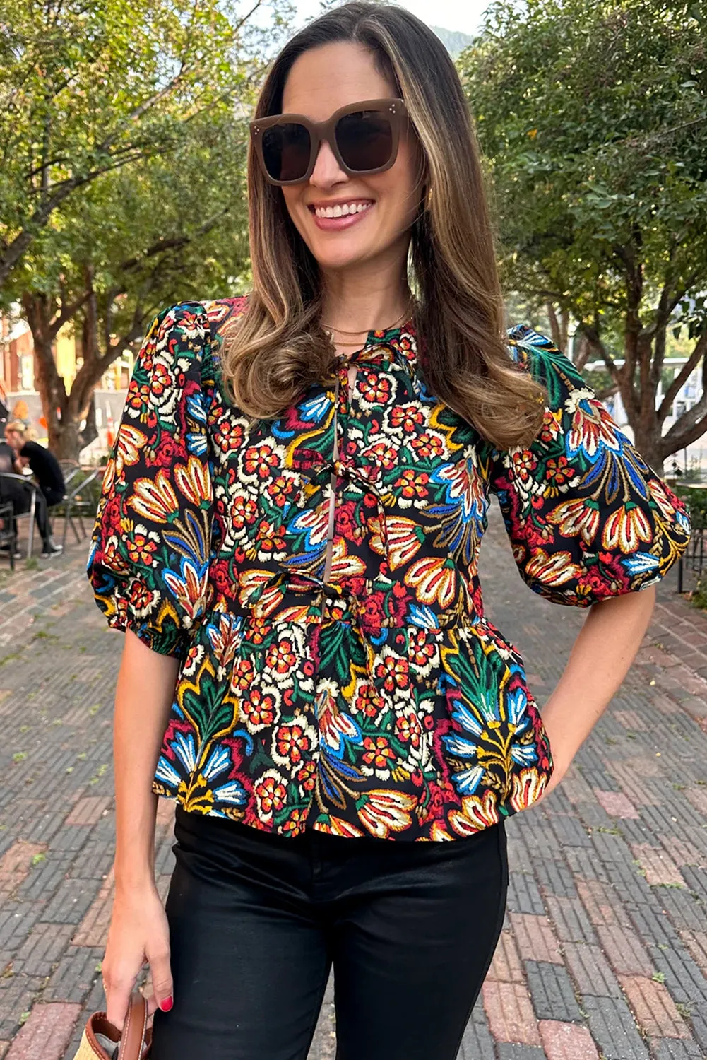 Black Tropical Print Bubble Sleeve Knot Front Blouse sold by eAura product image thumbnail 3