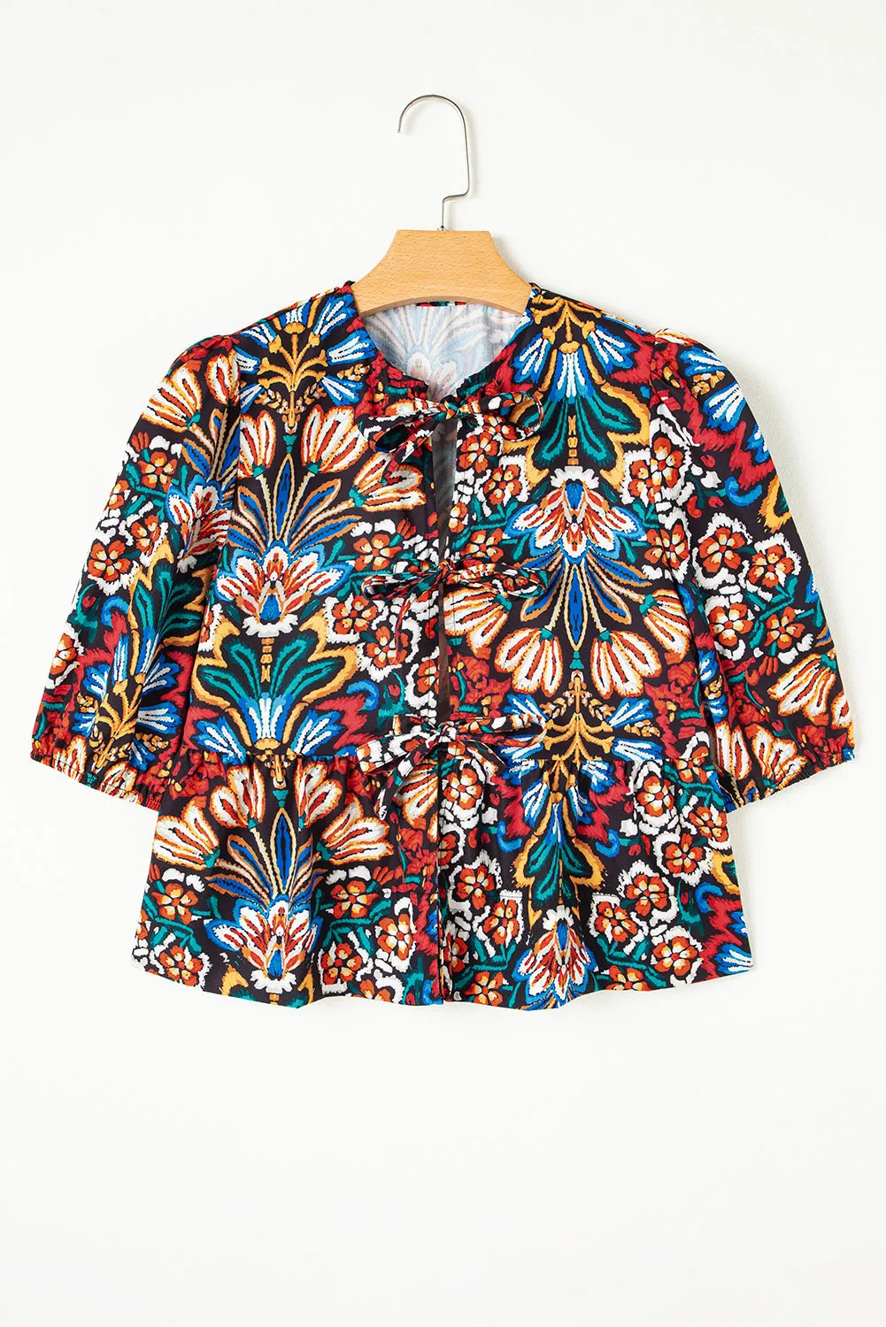 Black Tropical Print Bubble Sleeve Knot Front Blouse sold by eAura product image thumbnail 4