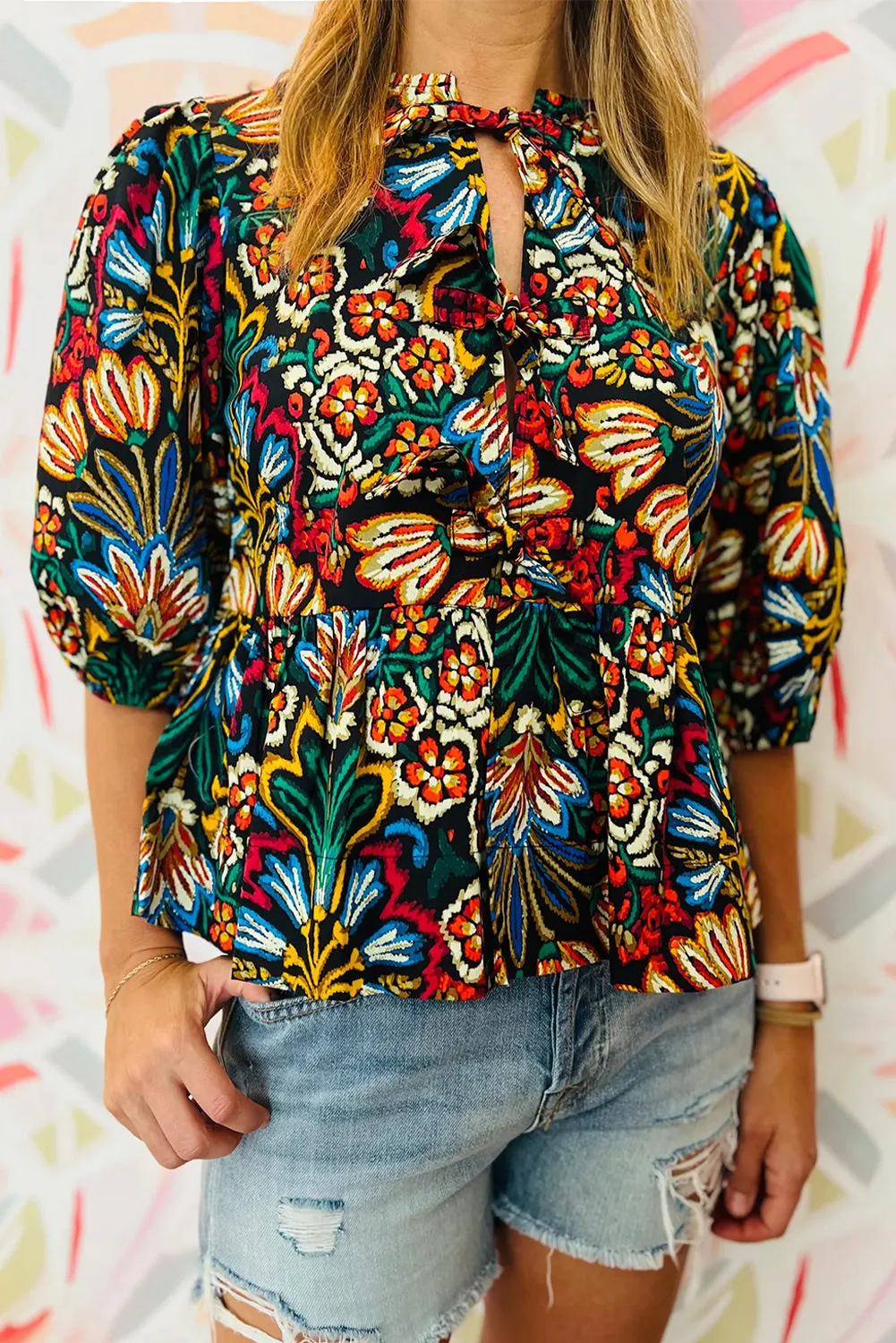 Black Tropical Print Bubble Sleeve Knot Front Blouse sold by eAura